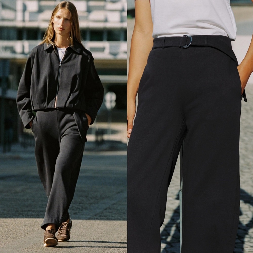 ZARA Barrel Leg Belted Sweatpant Trouser Washed Black/Grey‎ Size S Casual Lounge